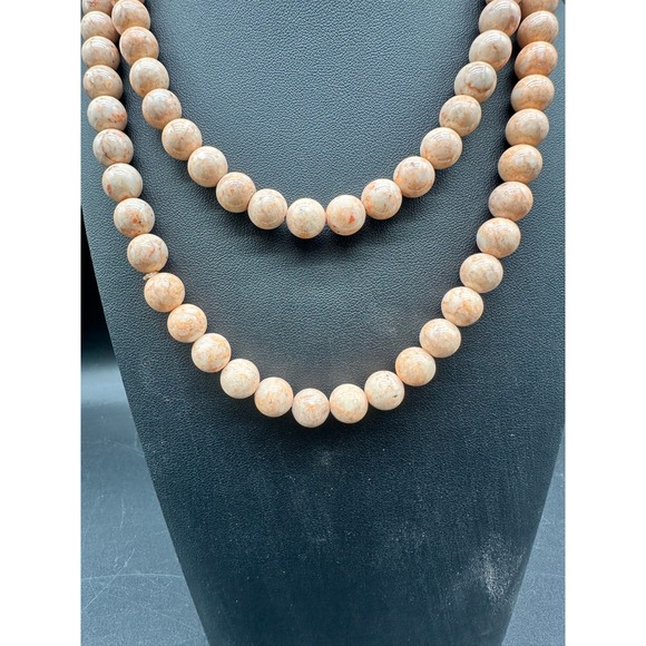 Vintage Natural Stone Bead Necklace Long Strand Round Beige Tan Beads - Picture 3 of 5